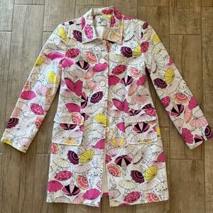 Andrea Viccaro Women Pink Yellow Umbrella Pinup Print Cotton Trench Coat Size 10